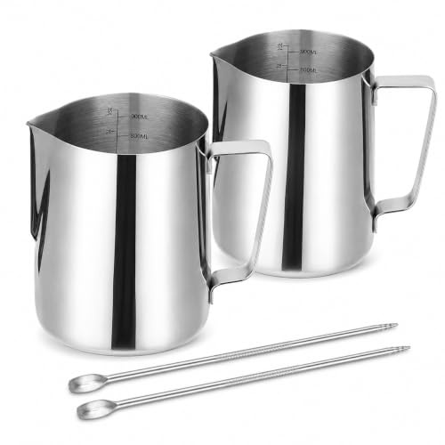 2 Pack Milk Frothing Jugs, 900ml Stainless Steel Pitchers, Scale & Spout | espresso steaming jugs, internal measurement marks, precision pour spout, latte art pen, home barista coffee accessories