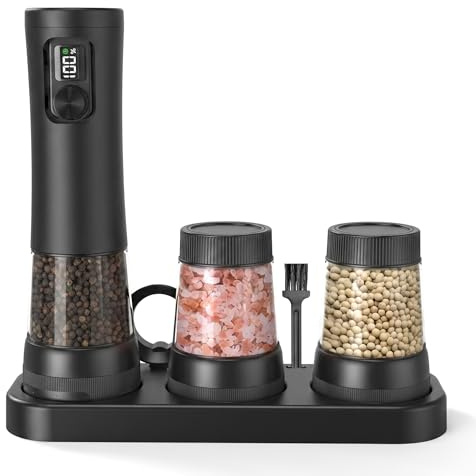 Electric Salt and Pepper Grinder Set,3 Sealable Storage Tanks (Black) | 2-Speed Setting, Rechargeable Automatic Pepper Mill Shakers,300ml Large Capacity, External Adjustable Coarseness