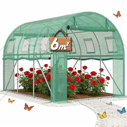YRHome 3x2x2m Gartengewächshäuser mit Tür & Aufrollbare Fenster Foliengewächshaus mit Stahlfundament aus verzinktem Stahl Tomatenhaus Winterfest Folienzelt Treibhaus Pflanztunnel UV-Schutz für Gemüse