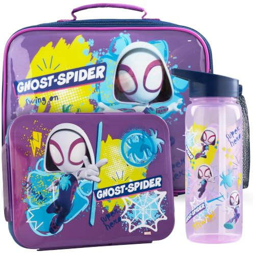 Get Trend Spidey et Ses Amis Sac Isotherme Repas Enfant Set, 3 Pcs Sac Repas Isotherme, Bento Lunch Box et Gourde Sans BPA, Robuste Fermeture Eclair et Poignée Cadeau Fille (Violet/Multi Ghost Spider)