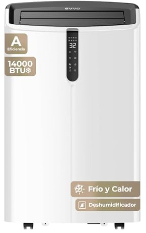 EVVO Clima Silent - Condizionatore portatile fino a 14000 BTU con pompa di calore, pinguino freddo e caldo, deumidificatore, modalità notte e funzione turbo, incluso kit finestra (P14)