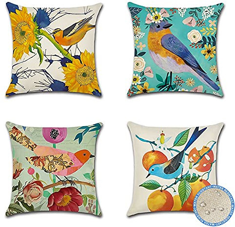 Artscope Set of 4 Decorative Cushion Covers 45x45cm, Retro Flowers and Birds Waterproof Throw Pillow Covers, Perfect to Outdoor Patio Garden Bench Living Room Sofa Farmhouse Decor