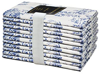 COTTON CRAFT Cloth Napkins - Set of 12-100% Cotton Reusable - Country French Toile Dinner - Everyday Spring Summer Fall Christmas Holiday Party Gift - Soft Absorbent - 18x18 - Blue