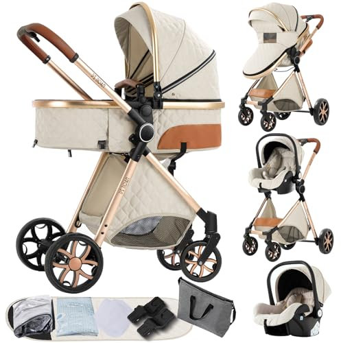 Prokoke Kinderwagen 3 in 1, Buggy mit Umkehrbarem Zwei-Wege-Schub, Kinderwagen Rahmen Aluminiumlegierung, Kombikinderwagen 3 in 1 Einem Klick Faltbar Baby Kleinkind Neugeborene (225 Creamy White)