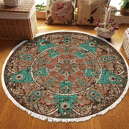 Mandala Runde Teppich Quasten Handwebteppich Böhmische Baumwollteppich Boho-Stil ​für Schlafzimmer Wohnzimmer Küche,I,Diameter 90cm