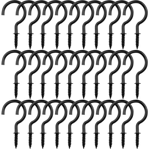 30pcs Screw-in Hook Metal Screw Hook Cup Hook Screw Hook for Indoor Outdoor Wall Hanging Plant Christmas Light Ceiling Hook(Black 1 inch)