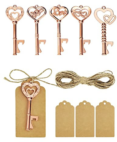 YETOOME 25 apribottiglie a chiave con 25 targhette e spago, apribottiglie vintage a forma di chiave scheletrata, per bomboniere, decorazioni rustiche (colore oro rosa, 5 stili)