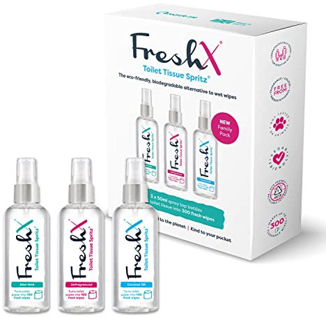 FreshX Toilet Paper Spray 3-Pack | Turns Toilet Roll into Flushable Wet Wipes | Septic Safe | Plastic-Free Alternative | Better Than Gel | Holiday Essential | Camping | Festival