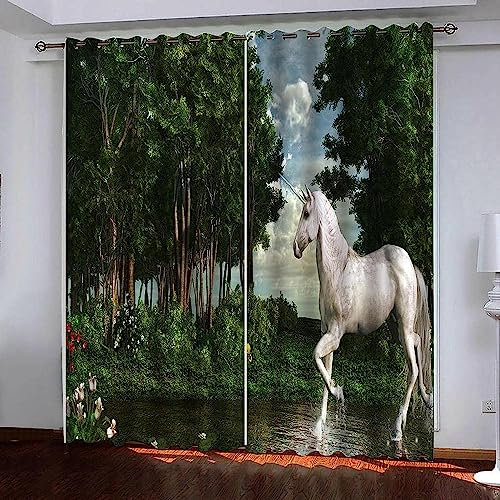 Schattierung Vorhänge 2Er Set 3D Grünes Dschungel-Einhorn Druck Isolierung Schalldichte Kinder Gardinen Blickdicht Mit Ösen Vorhang Fenster Für Wohnzimmer Schlafzimmer Balkon 140 X 160 cm (B X H)