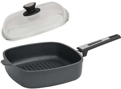 SKK große 2-tlg. Guss Grillpfanne 26x26 cm - Induktion - viereckige Aluguss Antihaft Steakpfanne gerippter Boden & Vollglas Deckel - Made in Germany