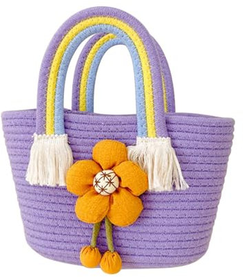 MOISTRI Baumwoll-Tragetasche Handgewebte Handtasche mit Regenbogen-Henkeln Niedliches Lächeln Gesicht Blume Sommer Strandtragetasche Reisetasche Blume-Lila