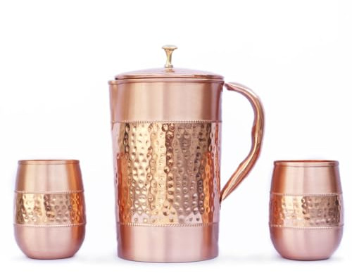 Wasserkrug aus reinem Kupfer mit 2 Kupfergläsern (gehämmertes und schlichtes Muster) für Ayurveda-Gesundheitsvorteile (mit Fassglas)
