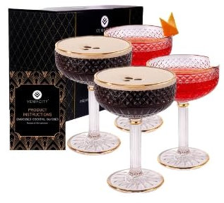 Vemacity Art Deco - Juego de 4 vasos de café espresso con bordes dorados, cristal hecho a mano, platillos de champán de calidad + PDF de recetas, vaso de cóctel grande, sirve cócteles sin alcohol