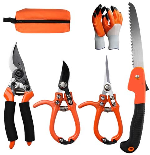 Set di 6 cesoie per alberi con bypass, forbici da giardino, forbici da potatura, sega, guanti, borsa di stoccaggio, set di cesoie portatili per piante