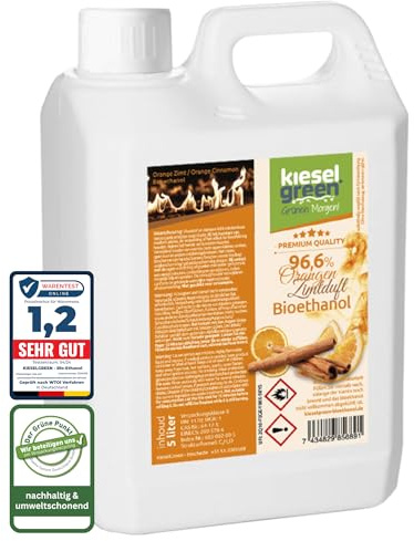 KieselGreen Bioethanol 5 Liter mit Duft für Ethanol-Kamin, viele Sorten - Bio Ethanol als Raumduft in vielen Duftnoten - Parfüm für Bio Ethanol Kamin Indoor oder Bioethanol (Orange-Zimtduft, 5L)