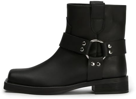 FIFSY Squared Toe Ankle Boots For Women Biker Motorcycle Riding Boots With Buckles Womens Mid Claf Slip On Boots Low Chunky Heel Booties Shoes