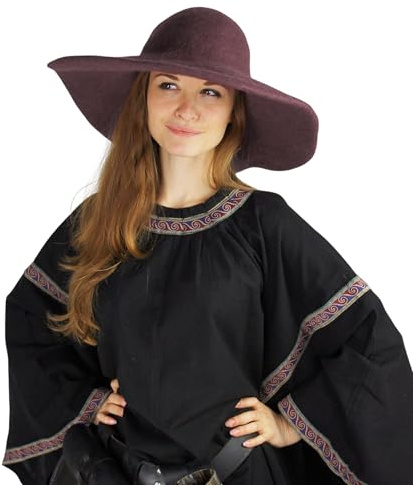 Leonardo Carbone® Damen Kopfbedeckung Handgefertigter Hut Eleganz | Breite Krempe | Mittelalter Stil | Karneval, Halloween, Cosplay, LARP, Hexenhut, Kostüm | 100% Wolle