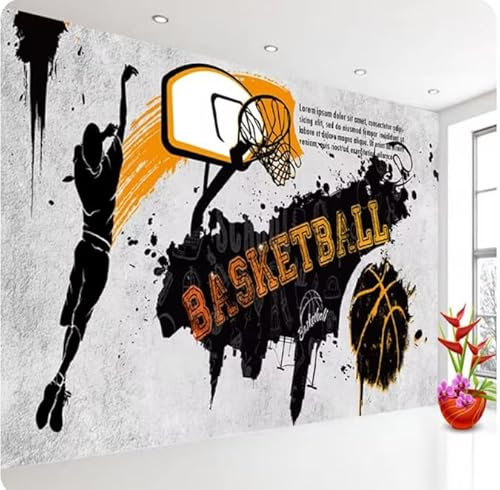 vsdhlsidgl 3D-Tapete, Schwarz-Weiß-Graffiti-Basketball-Zement-Wandbilder, Restaurant-Café-Bar-Tapete, 3D, 300 x 210 cm