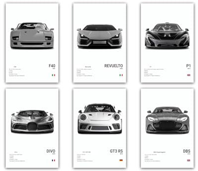 Póster de coche deportivo de supercoche, impresiones en lienzo en blanco y negro, decoración de pared de coche moderno para niños, hogar, dormitorio, oficina, dormitorio (6 unidades de 20 x 30 cm, sin