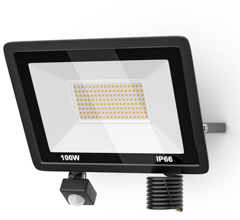 MIWATT ﻿100W Security Lights Outdoor Motion Sensor, 3000K PIR Sensor Security Light, Super Bright, Ultra Thin, Water-Resistant Flood Light for Garden, Patio, Backyard, Rooftop and More