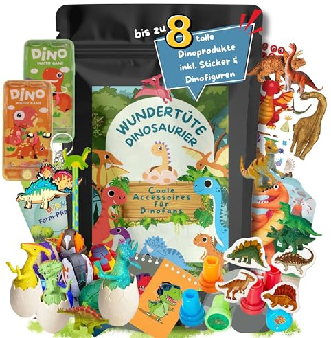 Dino Wundertüte Surprise Bag mit 8 tollen Dinosaurier Produkten Spielzeug Schultüte gefüllt mit Dino Überraschungen, Wundertüte Kinder, Schultüte Füllung Jungen Mädchen, Überraschungstüte, Dino Ei