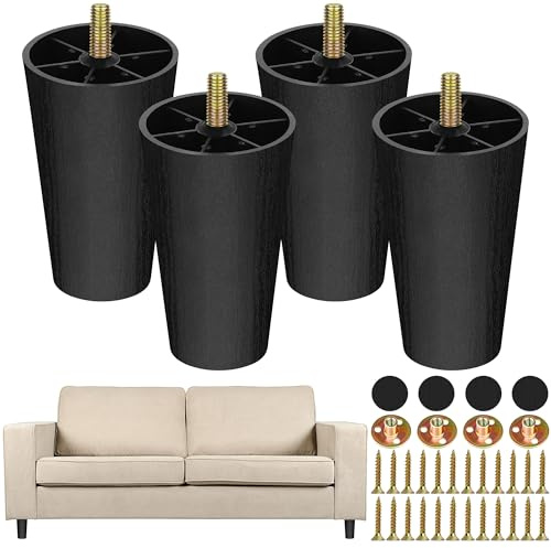 TURSTIN 4 Pack 4 Inch Plastic Furniture Legs with M8 T-nuts Screws Tapered Sofa Couch and Chair Legs Replacement Furniture Legs for DIY Projects Sofas Coffee Tables Dressers Beds