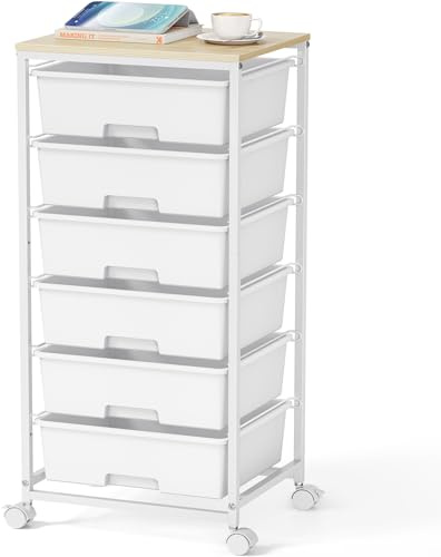 6-Drawer-Plastic-Rollong-Storage-Craft-Organizer-Trolley-Cart on Wheels with Wooden Tabletop for Home, Office, Classroom, Makeup, Art Supply Utility Storage Trolley Drawer Cart, White