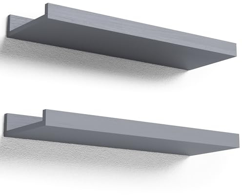 RICHER HOUSE Wandregal Grau, 40 x 13 cm, Schweberegal aus MDF Holz,2er Set | Bilderleiste, Wandboard, Regal Wand für Fotorahmen und Dekos, Wohnzimmer, Kinderzimmer, Schlafzimmer, Küche, Badezimmerwand