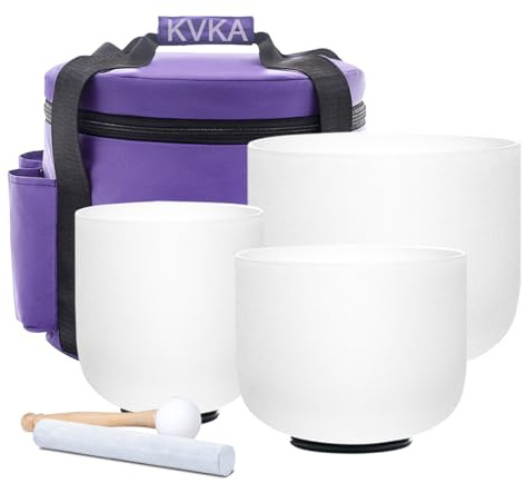 KVKA Kristall-Klangschalen Set, 432Hz 3PCS Crystal Singing Bowl Weiß Chakra Klangschale für Yoga Meditation Sound Healing Entspannung Stressabbau mit Tragetasche (White, 6B+8G+10E)