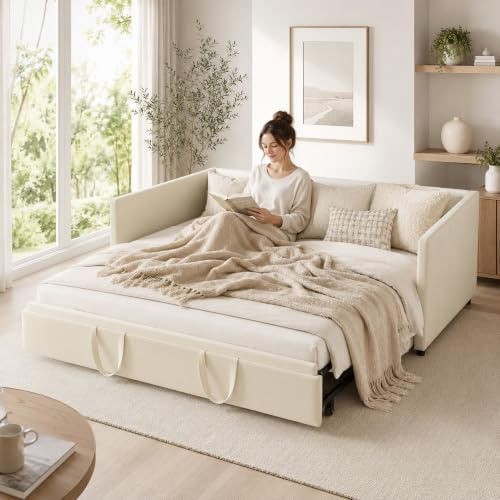 Soffa, 2-sits, 90/180 x 200 cm, soffa, konvertibel säng med ribbotten, för sovrum och vardagsrum, stoppade dubbelsängar för tonåringar och vuxna, sammetstyg, utan madrass (beige)