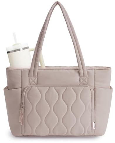 Ceneda Handtasche Damen Puffy Tote Bag, 20L Einkaufstasche Arbeitstasche Puffer Tasche mit Reißverschluss, Shopper Tasche Damen, Leichte Arbeitstasche Lehrertasche für Uni Büro Reise Schule, Beige