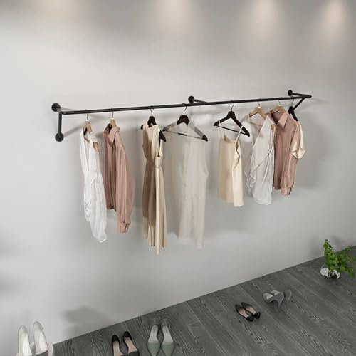 Ratina de ropa de tubería industrial montada en la pared, varilla de prenda de metal vintage de servicio pesado para boutique y exhibición de tiendas de ropa, solución colgante desmontable para