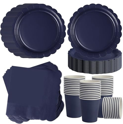 ZblPyro Azul Marino vajilla cumpleaños para 40 invitados con platos carton ondulados 18cm, vasos de papel y servilletas. Ideal para eventos empresariales y barbacoas.