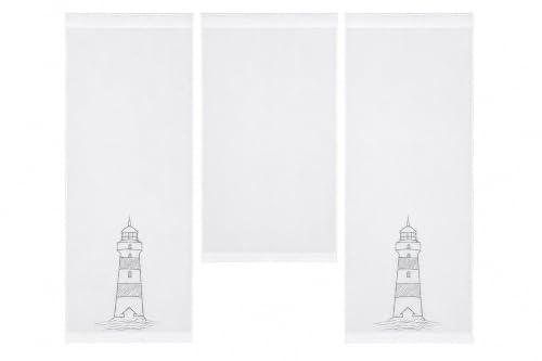 Design Mini Flächenvorhang Set weiß Bestickt Leuchtturm grau Schiebegardine 4142-01