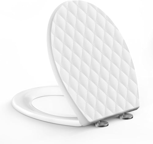 SREWOHS PRO Soft Close Toilet Seat Oval, White PP Diamond Design WC Seat | Top Fixing, Easy Clean, Heavy Duty Standard WC Pan & Bowl Loo Cover,Fits Toilets 40.2-46.2cm Length, Hole Spacing 10-22cm