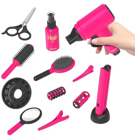 Leksaks-frisörsalongs-set | 14-delars realistisk utklädningsleksak, flickhårstyling-set | För frisör, kamning och styling, för , utomhus, på vägen, resor och förskolespel