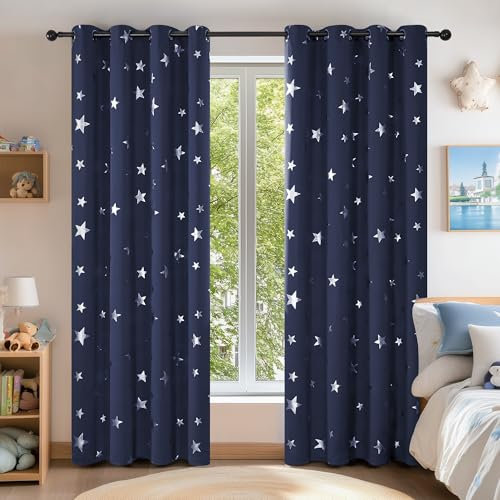 Deconovo Super Soft Foil Star Printed Thermal Insulated Blackout Curtains Eyelet Curtains for Bedroom W55xL70 Inches Navy Blue 2 Panels