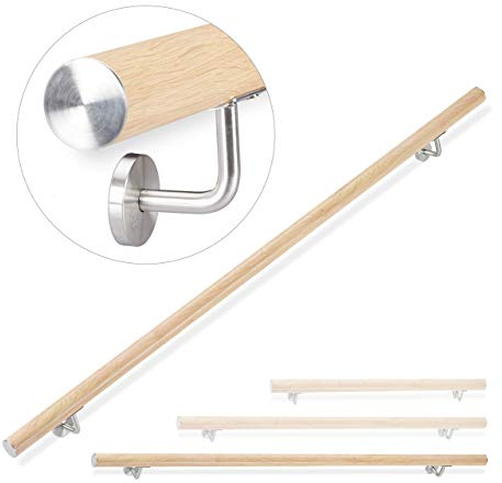 Relaxdays Handlauf Aluminium, rund, Treppengeländer innen, außen, Buche-Optik, 200 cm, Ø 42mm, mit Wandhalterung, Natur
