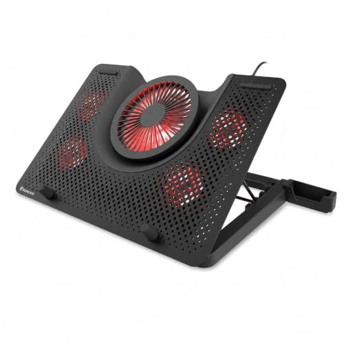 Laptop Kühler 17,3 Zoll, 5 Lüfter, 44,1 CFM, USB, Cooling Pad, Schwarz | Laptop Cooling Pad mit 5 Lüftern, 5-stufiger Höhenverstellung, roter Beleuchtung und Handyhalter für Notebooks bis 17,3 Zoll