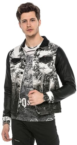 Cipo & Baxx Herren Hybrid-Denimjacke CJ-252 Schwarz - Wald & Silhouette Stil Druck, Sport Verschiedene Jackenmodelle - Sweat-Kapuze und Sweatärmeln - mit Modernen Komfort-Details - CJ-252 Schwarz L