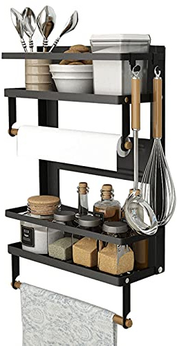EASTTOWEST Magnetic Spice Rack,4 Tier Kitchen Magnetic Shelf for Refrigerator Fridge Organizer with 2 Paper Towel Holders and 5 Removable Hooks,Matte Black