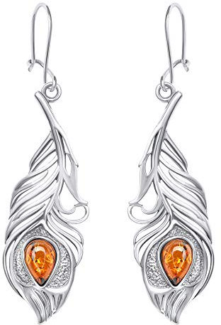 ANDANTE Premium Collection - Echter OSTSEE Bernstein Ohrringe in 925 Sterling Silber ** Feder ** Zertifiziert - Gold des MEERES - Farbe COGNAC