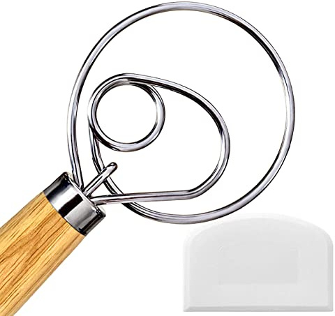 Danish Dough Whisk, Sourdough Tools For Bread Mixer, Dutch Style Bread Whisk For Sourdough Cooking Kitchen with Stainless Steel Danish Sourdough Whisks Bread Mixer 13 and Dough Scraper
