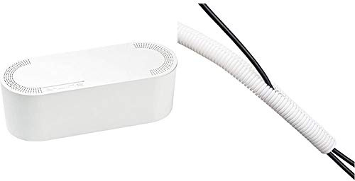 D-Line Cable Tidy Box, Hide and Conceal Extension Blocks and Electrical Cables - Small, White & Cable Tidy Tube | Cable Management Sleeve | 1.1 meter length x 25mm outer diameter – White