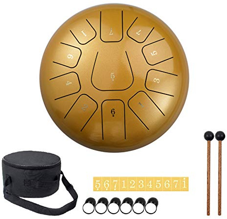 QULONG 12 Zoll Stahlzungentrommel Harmonische Handpan-Trommel, 11 Noten tercussion Titan Tragetasche, ideal für Yoga, Meditation, baut Stress ab,Gelb