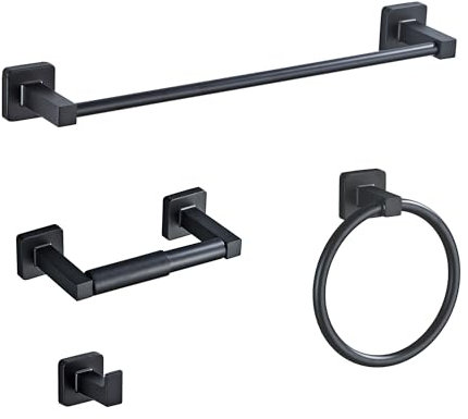 Juego de accesorios de baño negro mate de 4 piezas, juego de toallero de acero inoxidable montado en la pared, incluye barra de toalla de mano de 16 pulgadas, anillo de toalla, ganchos para toallas de