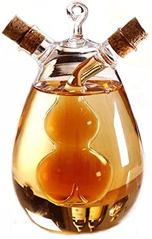 WINIAER 2 in 1 Oil and Vinegar Dispenser Cruet Bottle, Kitchen Supplies Glass Olive Oil and Balsamic Vinegar Cruet Bottle with Cork Stoppers, Hand-blown Glass Jar (Gourd Shape)
