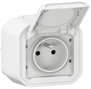 LEGRAND - Toma impermeable IP55 con tierra Plexo, toma 2P+T 16A completa con persiana, para colocación en aparente, fabricado en Francia, color blanco