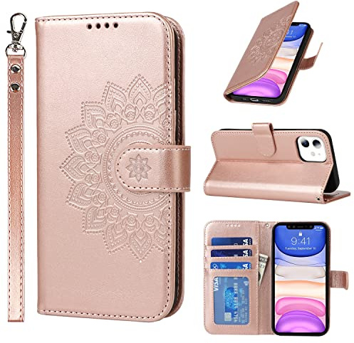 ELTEKER Handyhülle iPhone 11 Hülle Klapphülle mit Kartenfächern Magnetverschluss und Eleganter Prägung, PU Lerder Schutzhülle für iPhone 11, Roségold