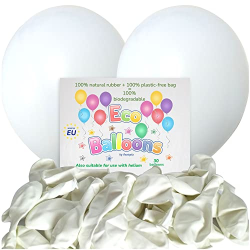 Große biologisch abbaubare Party-Luftballons, geeignet für Helium, 30,5 cm, weiße Luftballons, umweltfreundliche Ballons aus 100 % Naturkautschuk, verpackt in biologisch abbaubarer Verpackung (30